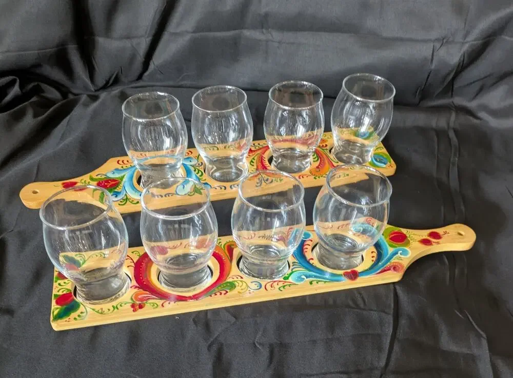 Hand Painted Wood Shot Glass Flight Boards Set of 2 Folk Art Rosemaling style